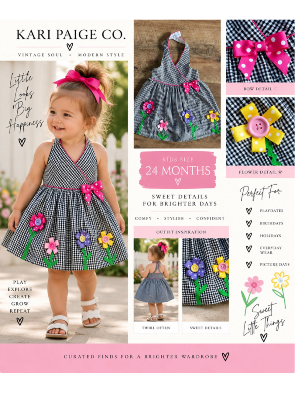 Girls Bonnie Baby Casual Dress 24 Months Black White Gingham Floral F26